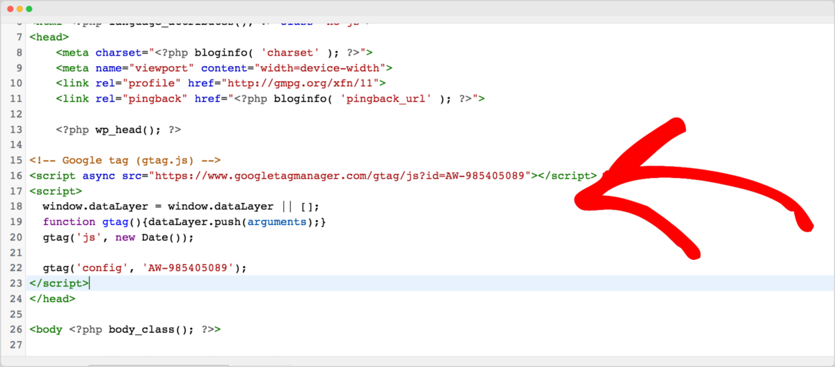 Inserting conversion pixel ID code snippet in header.php file in WordPress.