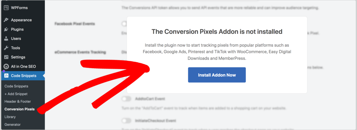 Install the Conversion Pixels addon from WPCode in WordPress.