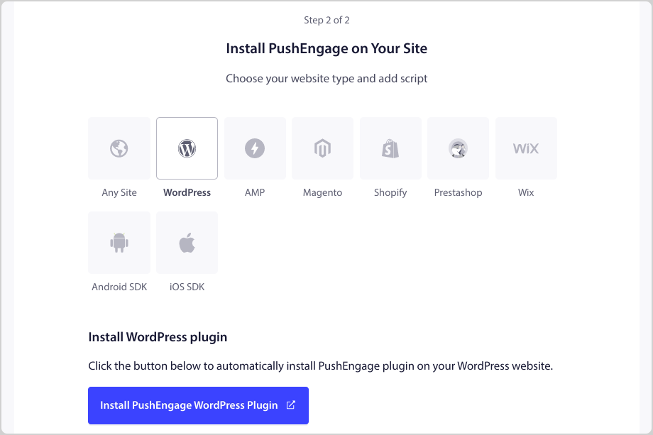 The option to install the PushEngage WordPress plugin.