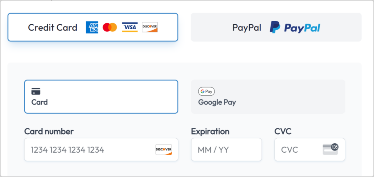 A checkout page in WordPress with e-commerce payment gateway options.