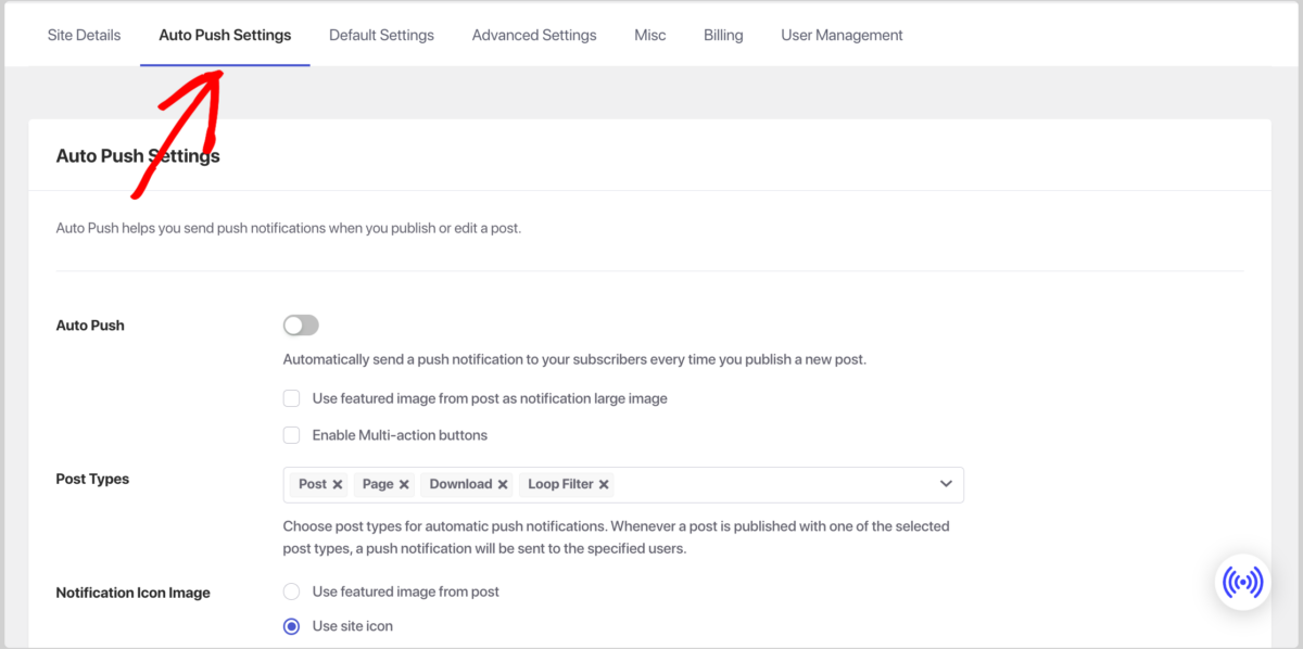 The PushEngage auto push settings in WordPress.