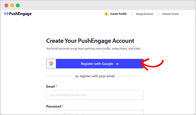 The form to register a PushEngage account with Google.