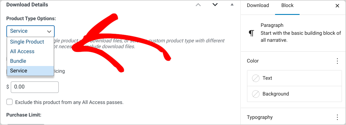 The Service Product Type in Easy Digital Downloads.