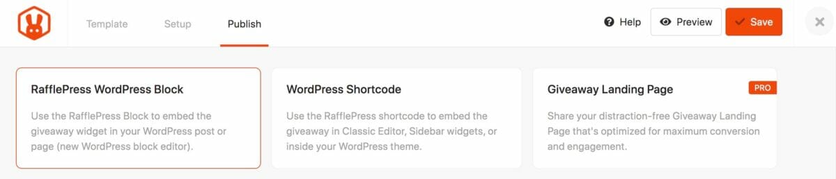 The options for publishing a RafflePress online giveaway to WordPress.
