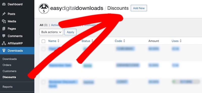 Adding a new discount code in WordPress using Easy Digital Downloads.