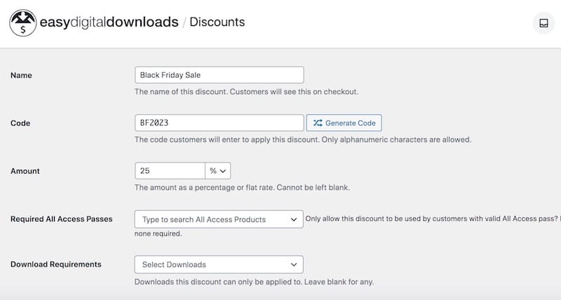Adding a holiday sale discount code in WordPress via EDD.