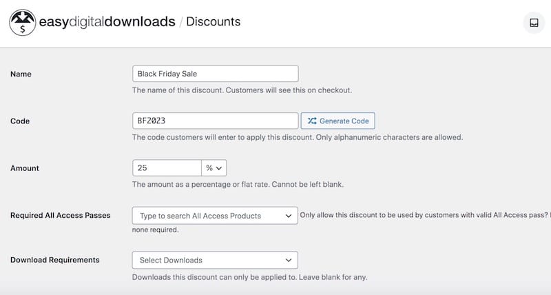 Easy Digital Downloads discount creation page