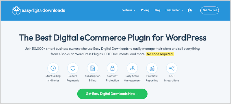 The Easy Digital Downloads website for creating a digital download store.