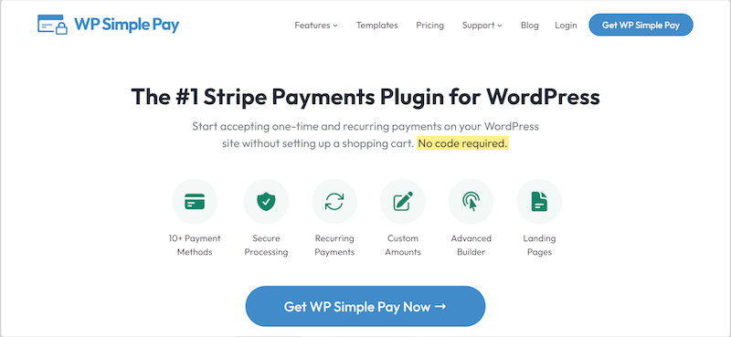 The WP Simple Pay plugin website. 