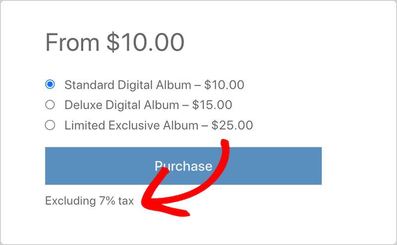 An eCommerce product page displaying tax information with pricing.