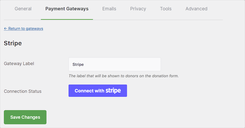 Option to Connect Stripe with Charitable WordPress plugin.
