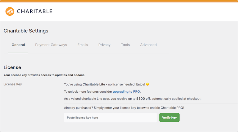 Charitable WordPrress plugin general settings.