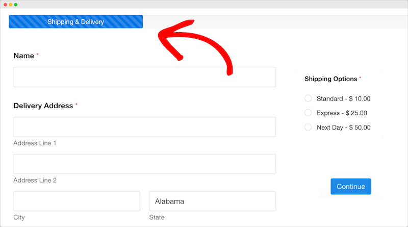 An ecommerce checkout process that include a progress bar.