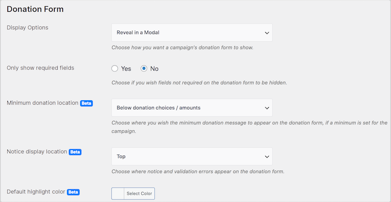 Donation form settings in WordPress via Charitable plugin