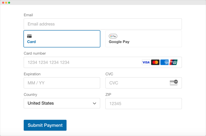 A checkout page form with multiple payment options.