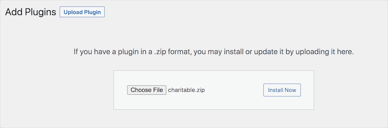 Installing the Charitable plugin in WordPress.