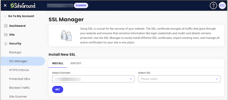 The place to install an SSL certificate in SiteGround.