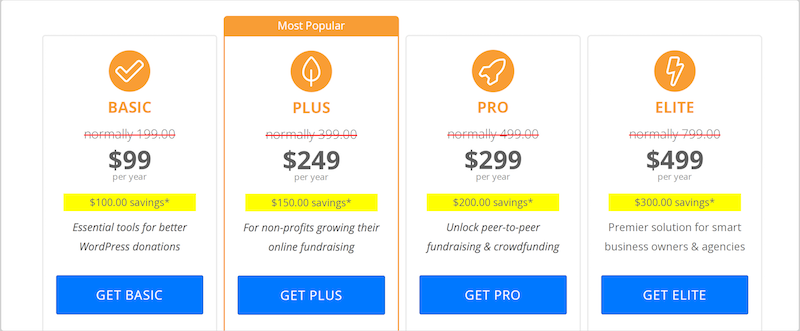 WP Charitable plugin pricing tiers.