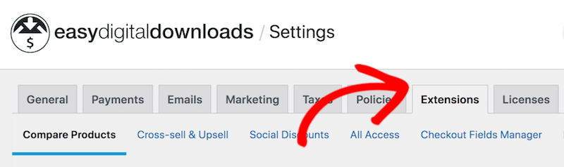 The Easy Digital Downloads extensions settings tab.