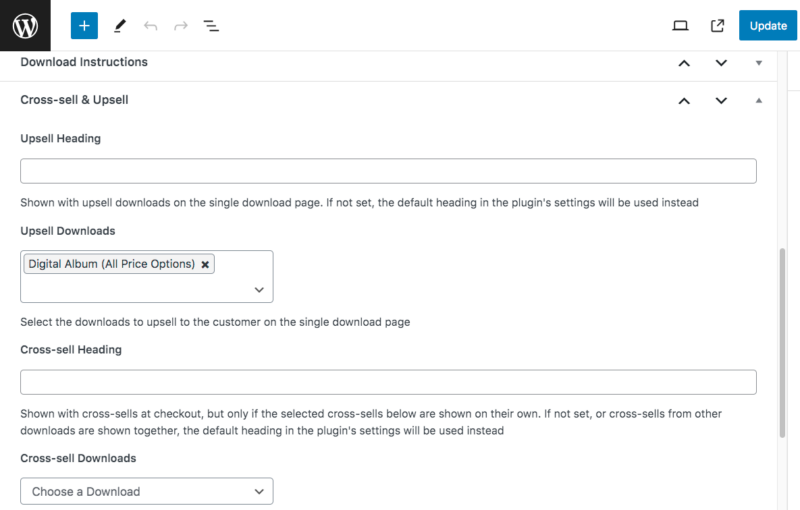 The settings to add upsells and cross-sells in WordPress