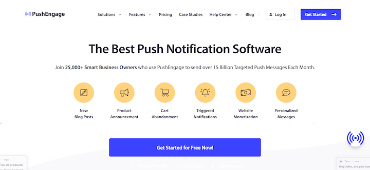 The PushEngage website for sending eCommerce push notifications.