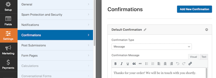 The Confirmations settings in WPForms.