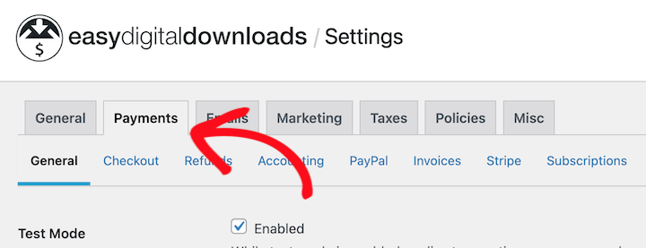 Payment settings tab in Easy Digital Downlaods.