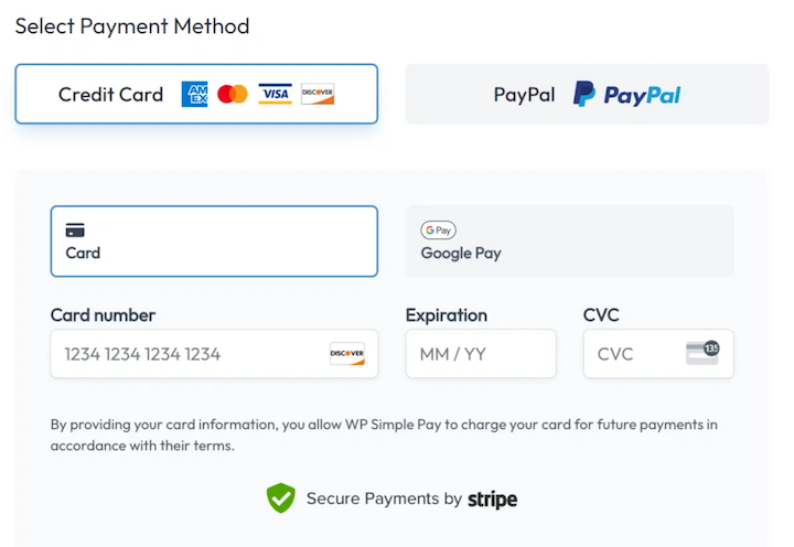 A checkout form that lets customers choose a payment method in WordPress.