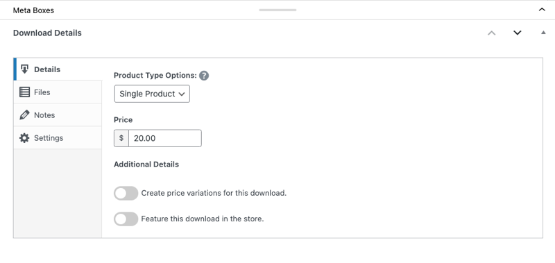 Setting the price of a digital download product in the Easy Digital Downloads plugin.