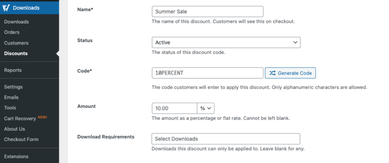 Creating a new discount for a digital download product in WordPress.