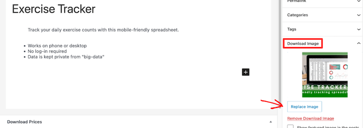Adding a download feature image to sell excel or google spreadsheet template in WordPress.