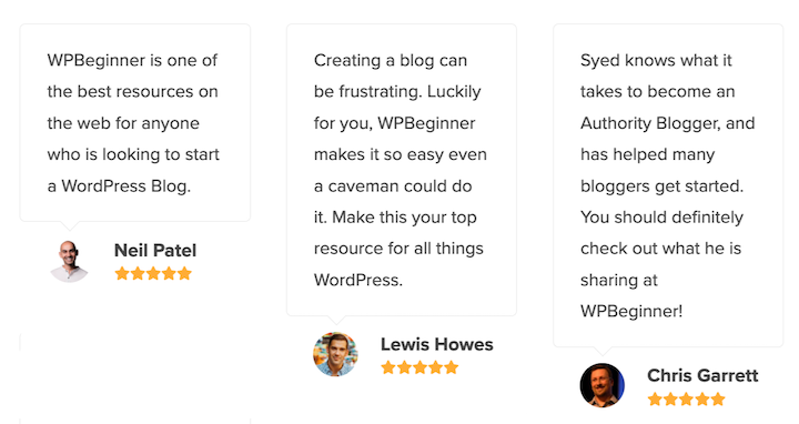 Customer testimonials demonstrating social proof on WPBeginner