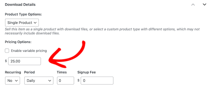 Entering a download price to sell font for in WordPress