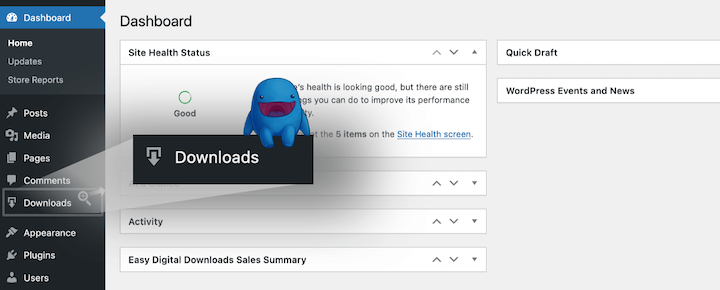 Easy Digital Downloads Downloads menu item from WordPress dashboard
