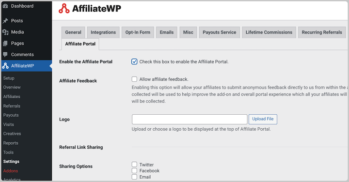 Enabling the Affiliate Portal in WordPress.