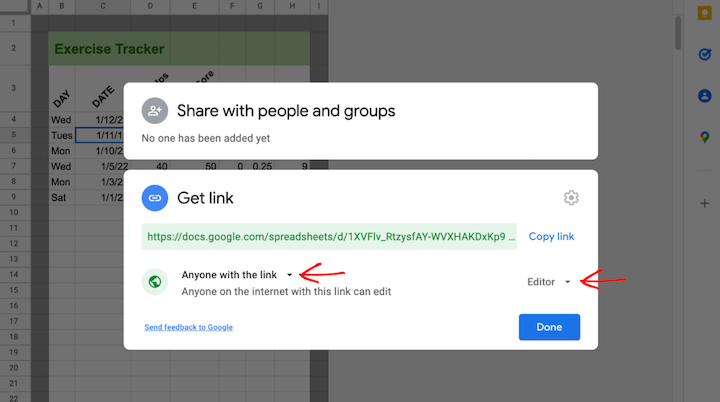 Sharing a Google Sheets link with other people.