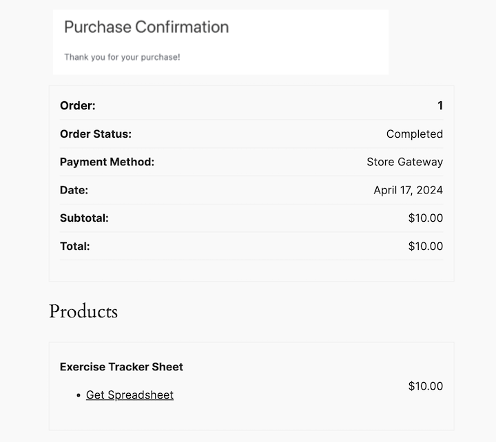 A purchase confirmation page after selling spreadsheet template in WordPress and EDD.