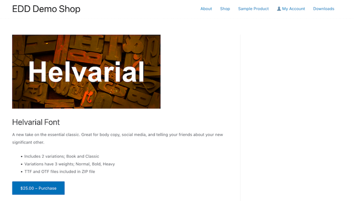 A product page used to sell fonts with Easy Digital Downloads + WordPress