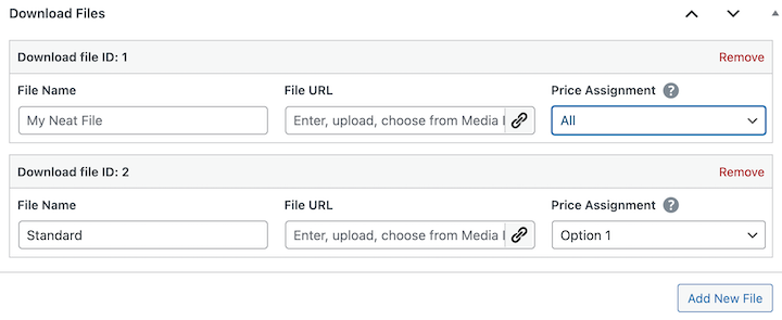 Uploading download files for digital products with variable pricing options.