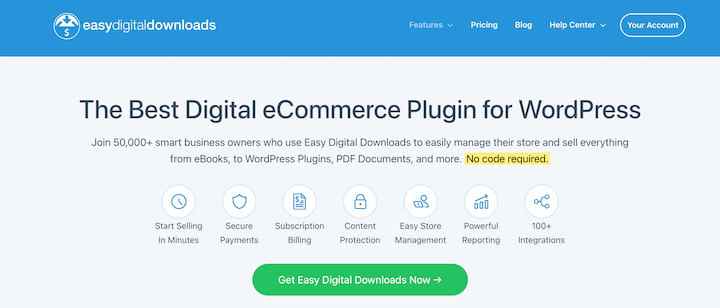 Easy Digital Downloads homepage demonstrating strategic design for consumer psychology in eCommerce