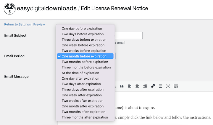 Email time period for sending renewal reminders before or after license expiration date.