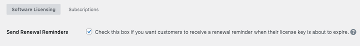 Enabling the option to send software license renewal reminders in Easy Digital Downloads.