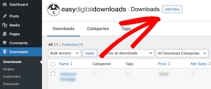 The setting to add a new download in Easy Digital Downloads in WordPress