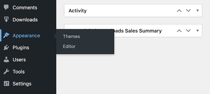 WordPress Appearance Themes editor settings.