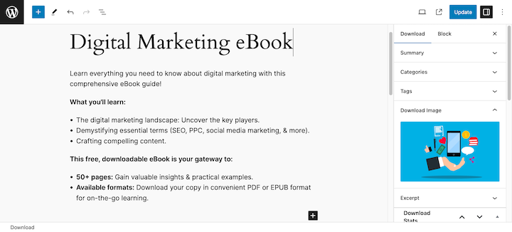 Creating an eBook product page to sell digital content in WordPress.