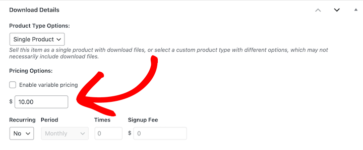 Setting a price to sell a digital product on an eCommerce website in WordPress.