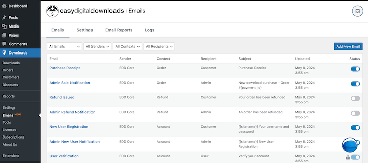 Easy Digital Downloads v3.3.0 email interface