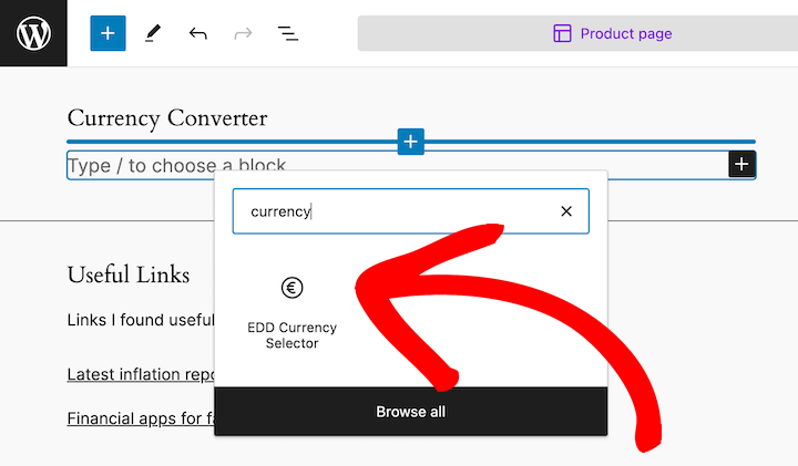 EDD Currency Selector widget block.