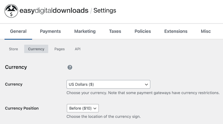 Easy Digital Downloads general currency settings in WordPress.
