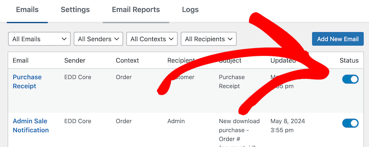 The Easy Digital Download email status toggle settings.